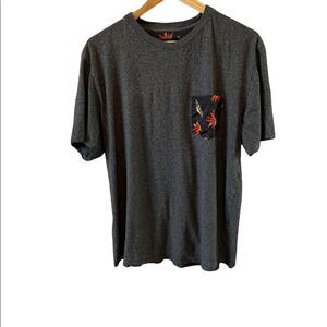 Grey Floral Print Pocket Crew Neck Casual Short Sleeve Tee Shirt L